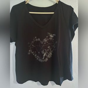 Black tee shirt with heart and birds on it